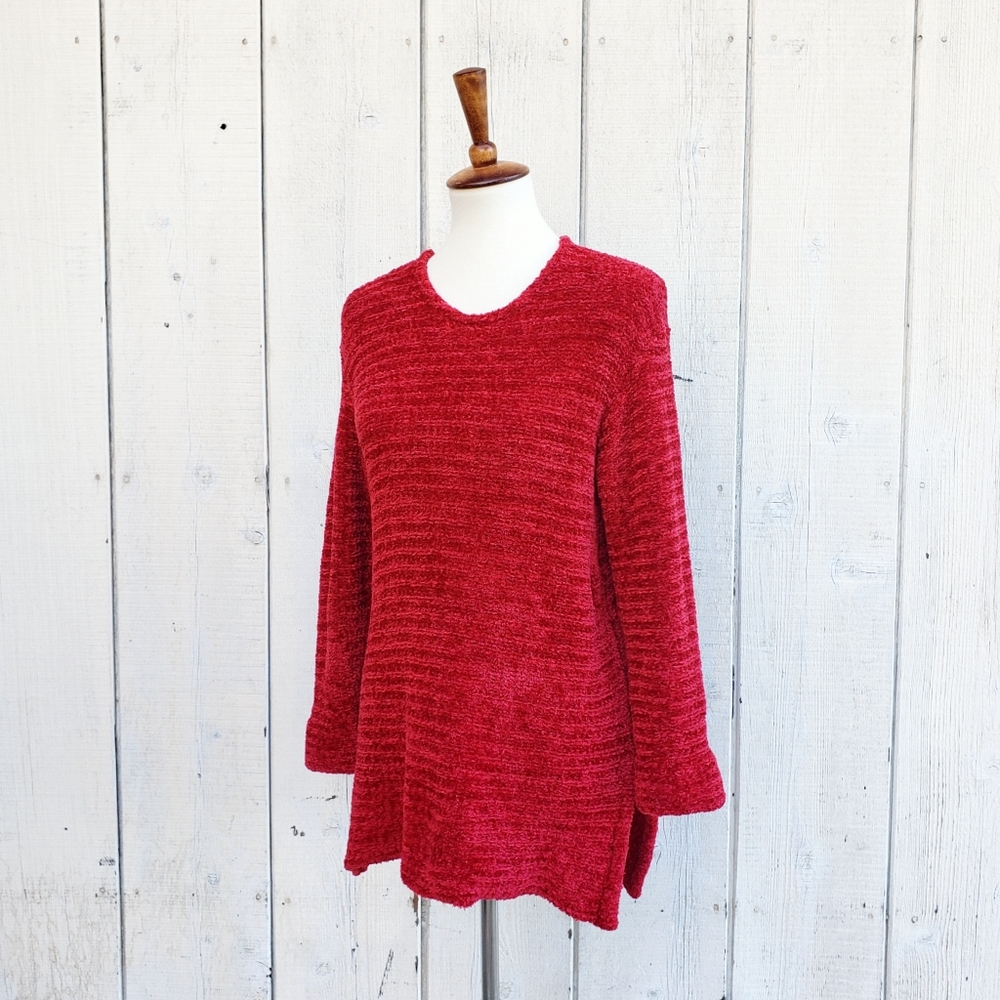 Linda Lundstrom Red Pullover Fleece Knit Long Sweater Top Size L